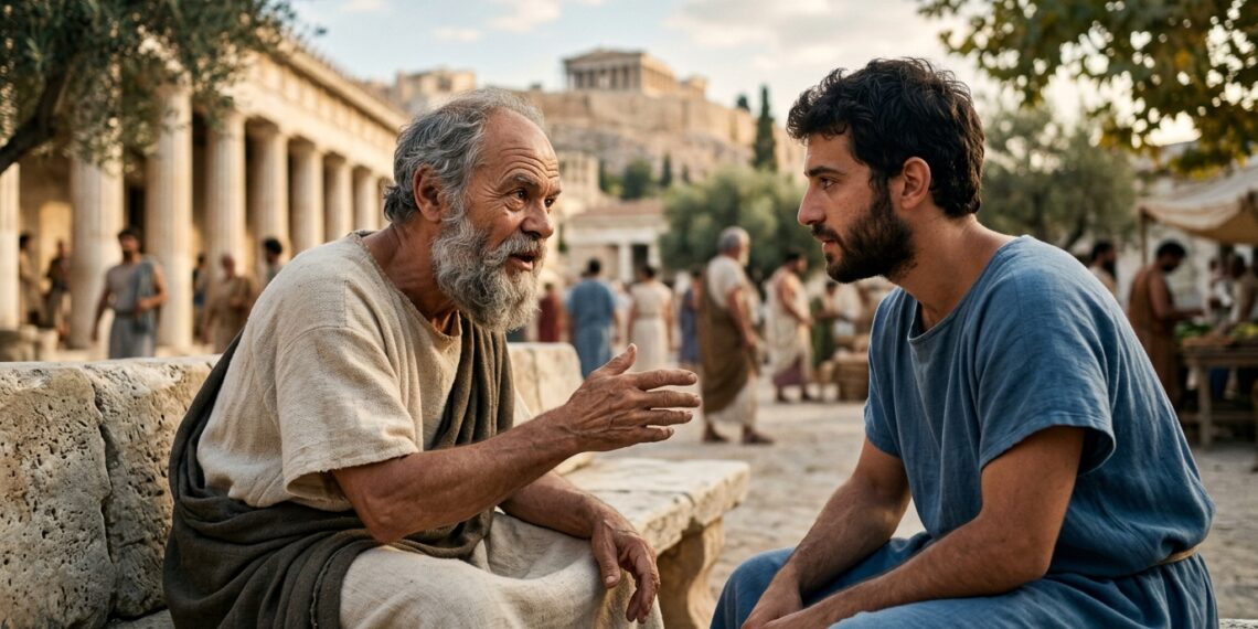 Sócrates conversando de perto com um interlocutor na ágora de Atenas, demonstrando atenção e escuta ativa.