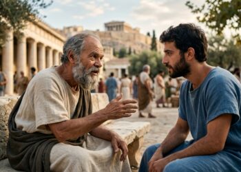 Sócrates conversando de perto com um interlocutor na ágora de Atenas, demonstrando atenção e escuta ativa.