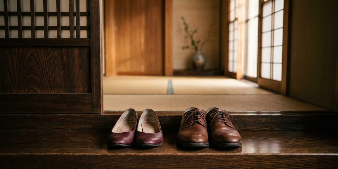 Imagem ilustrativa do genkan, a entrada tradicional das casas japonesas, onde os sapatos são deixados antes de adentrar o ambiente doméstico