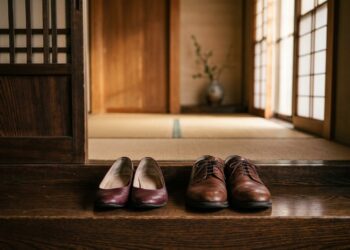 Imagem ilustrativa do genkan, a entrada tradicional das casas japonesas, onde os sapatos são deixados antes de adentrar o ambiente doméstico