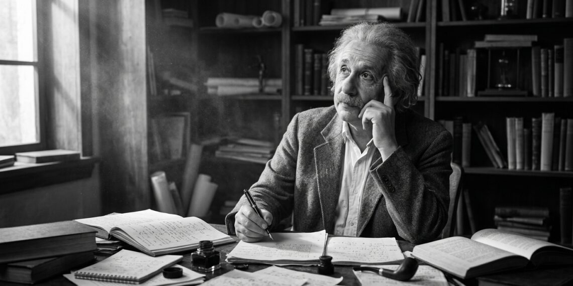 Albert Einstein sentado em seu escritório histórico cercado por papéis manuscritos e luz natural entrando pela janela