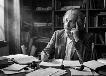Albert Einstein sentado em seu escritório histórico cercado por papéis manuscritos e luz natural entrando pela janela