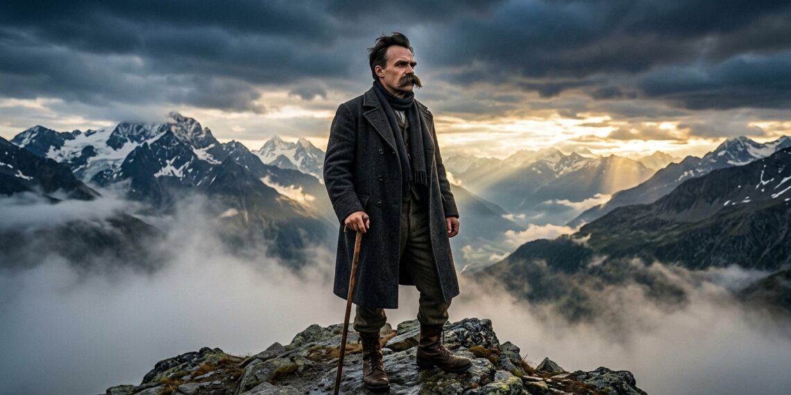 Friedrich Nietzsche em sobretudo escuro observando o horizonte montanhoso nos Alpes suíços ao amanhecer.