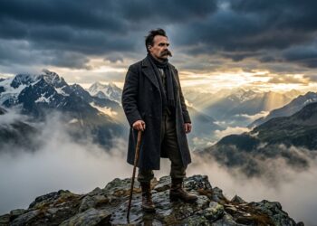 Friedrich Nietzsche em sobretudo escuro observando o horizonte montanhoso nos Alpes suíços ao amanhecer.