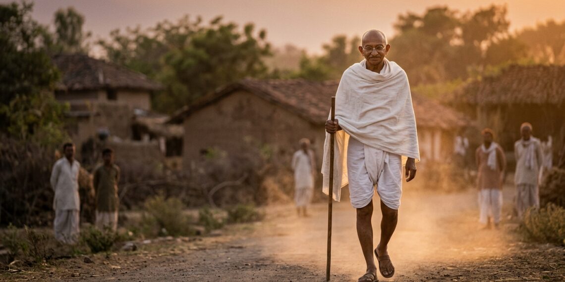 Mahatma Gandhi caminhando com cajado de madeira por estrada de terra na Índia em luz suave do entardecer