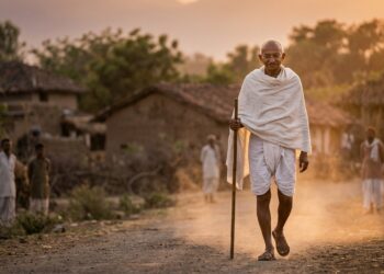 Mahatma Gandhi caminhando com cajado de madeira por estrada de terra na Índia em luz suave do entardecer