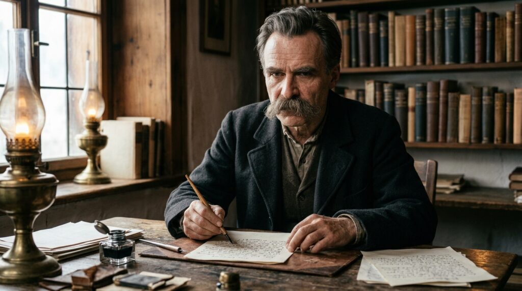 Friedrich Nietzsche sentado à mesa de madeira escrevendo manuscritos com pena e tinteiro ao lado de uma janela iluminada.