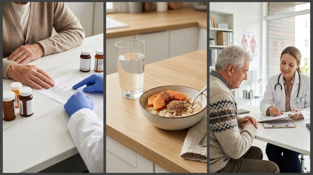 Sequência em três etapas mostrando conferência de receitas médicas, alimentação rica em fibras com hidratação e consulta de acompanhamento clínico.