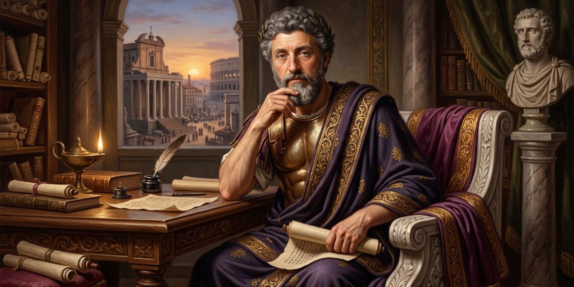 Ilustração de Marco Aurélio sentado em estúdio romano, refletindo com pena e pergaminho, janela com vista para o Coliseu ao entardecer