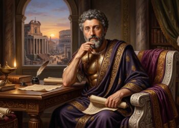 Ilustração de Marco Aurélio sentado em estúdio romano, refletindo com pena e pergaminho, janela com vista para o Coliseu ao entardecer