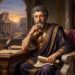 Ilustração de Marco Aurélio sentado em estúdio romano, refletindo com pena e pergaminho, janela com vista para o Coliseu ao entardecer