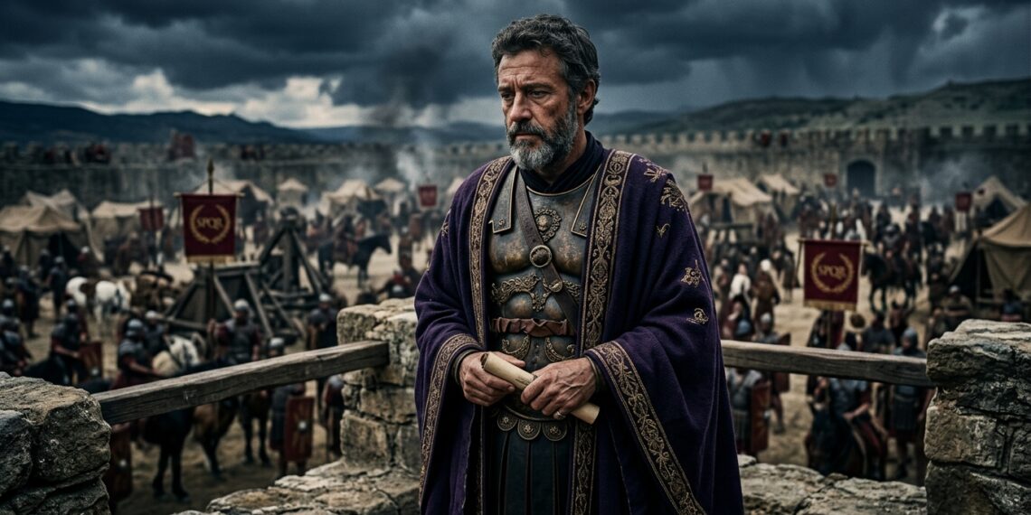 Imperador Marco Aurélio em vestes imperiais romanas mantendo postura calma e serena perante acampamento em movimento.