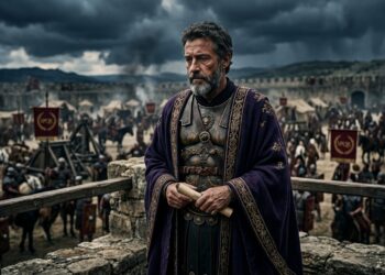 Imperador Marco Aurélio em vestes imperiais romanas mantendo postura calma e serena perante acampamento em movimento.