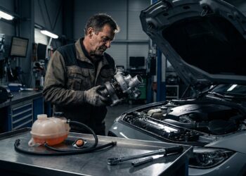 Mecânico inspecionando turbocompressor de alta precisão ao lado de bancada técnica em oficina mecânica