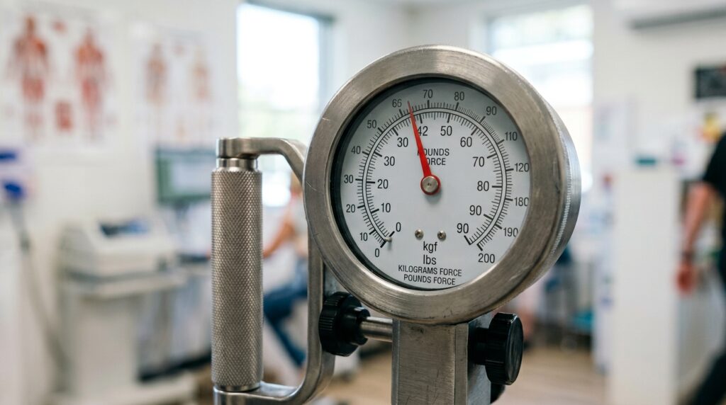 Detalhe em macro do mostrador analógico calibrado de um dinamômetro médico de força muscular, em ambiente laboratorial