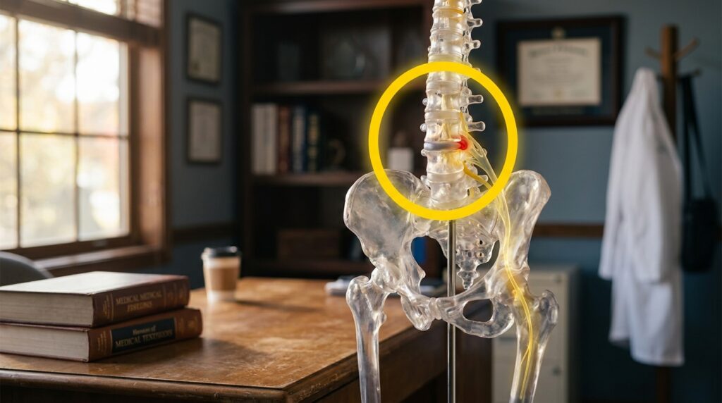 Modelo anatômico da coluna lombar com destaque em amarelo na raiz nervosa comprimida, ilustrando os sinais de alerta neurológico da dor lombar que irradia para as pernas.