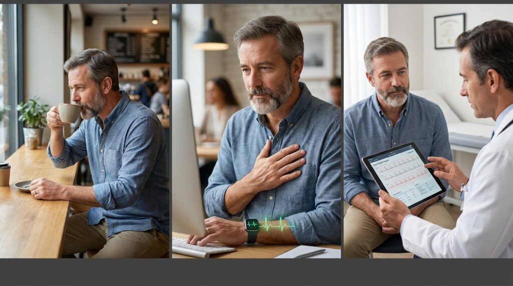 Tríptico mostrando uma pessoa bebendo café, depois levando a mão ao peito com monitor de pulso e, em seguida, conversando com um cardiologista sobre um exame de eletrocardiograma.