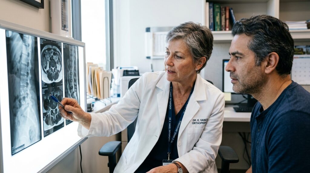 Médico especialista analisando exame de imagem da coluna vertebral ao lado de paciente em consultório.