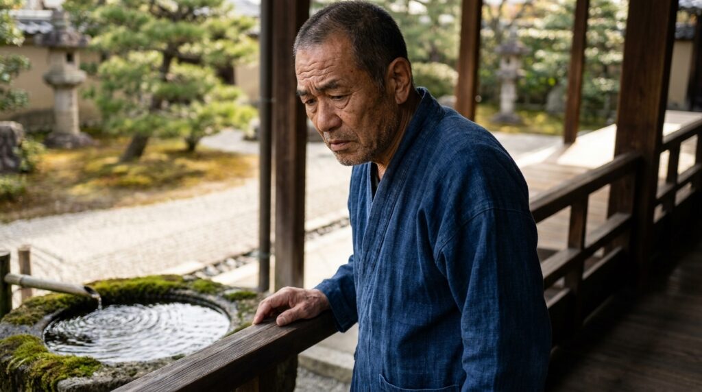 Homem em momento de reflexão contemplando um jardim de água e pedras em varanda tradicional