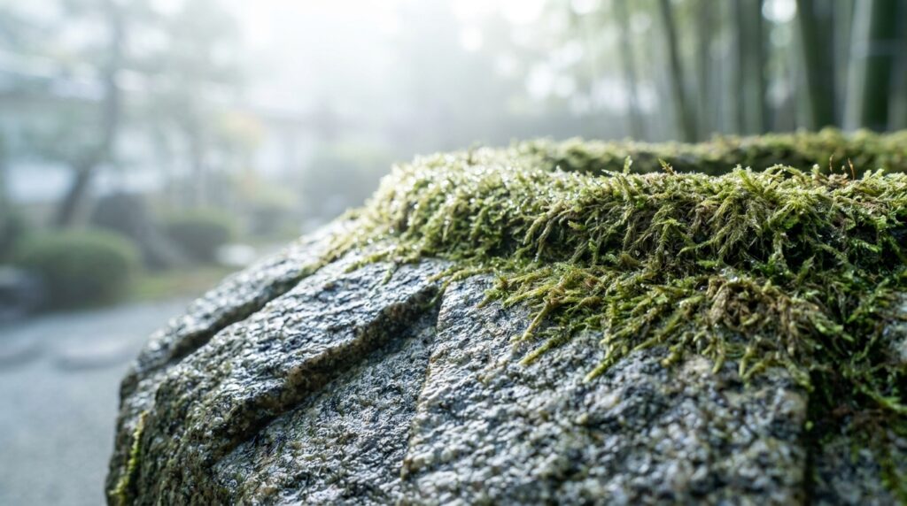 Detalhe macro de rocha milenar com musgo verde e gotas de orvalho sob a neblina matinal.