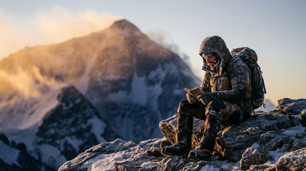 Alpinista em equipamentos térmicos observando o horizonte em cume rochoso durante o amanhecer