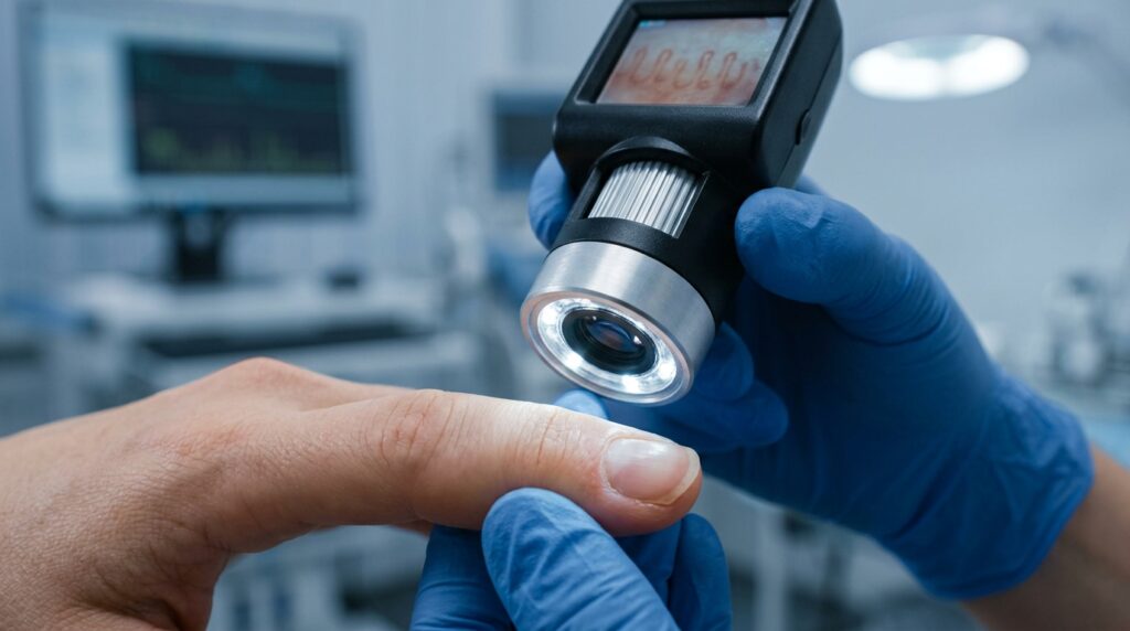 Detalhe microscópico da realização de exame de capilaroscopia periungueal na base da unha.