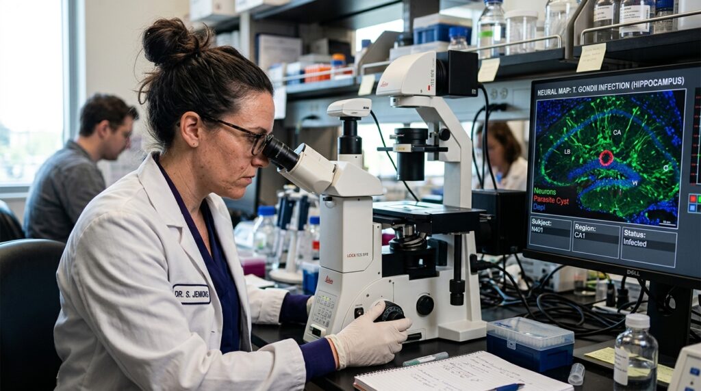 Pesquisadora ajustando microscópio de alta resolução durante análise de mapeamento cerebral e infecções parasitárias em laboratório.