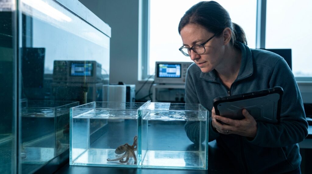 Cientista com prancheta digital monitorando comportamento de polvo em aquário de laboratório