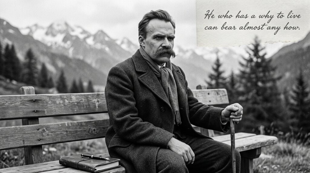 Frase do Dia de Nietzsche: "Aquele que tem um por quê para viver pode suportar quase qualquer como." – Essa frase sobre propósito explica por que alguns sobrevivem a tudo que destrói outros.