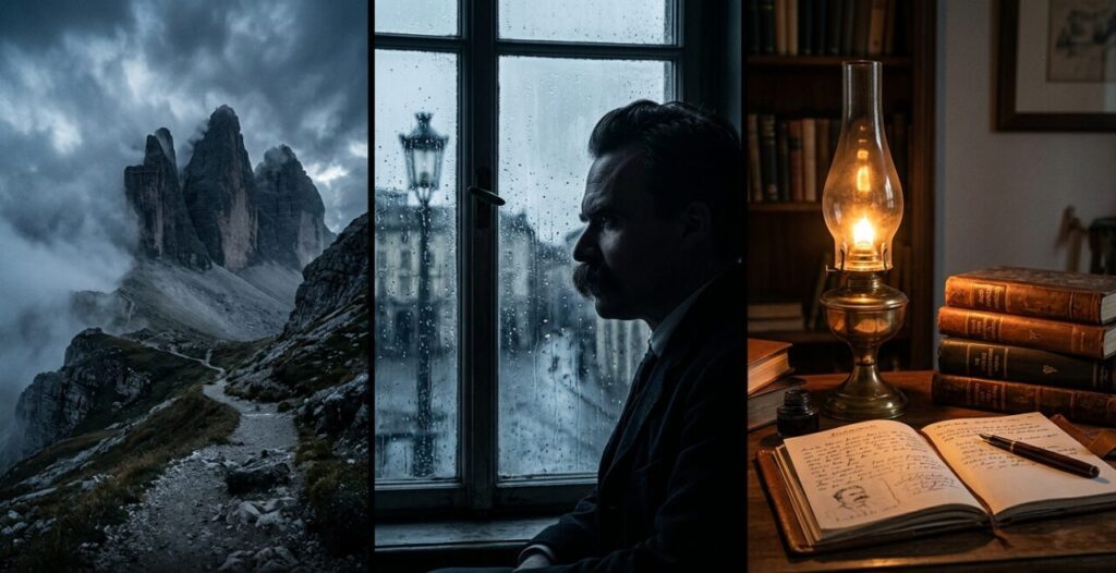 Tríptico fotográfico exibindo montanhas alpinas com névoa, a silhueta de Nietzsche em reflexão e uma lamparina sobre livros clássicos.