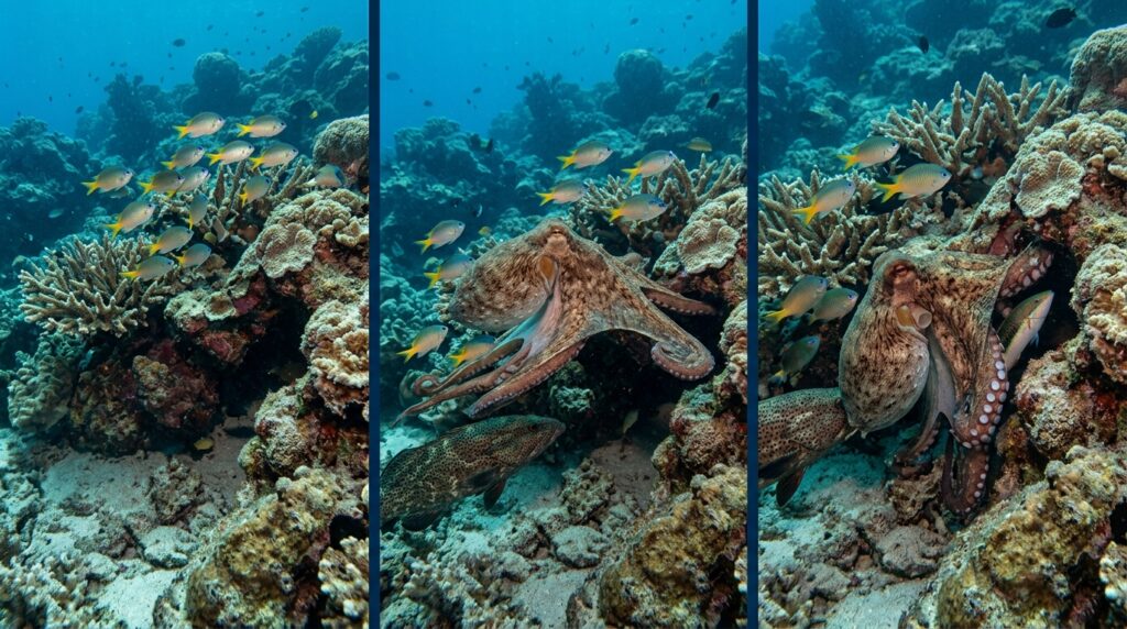 Polvos se unem em grupos para atacar peixes: a caçada que desafia a solidão
