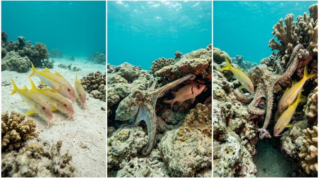 Sequência de três imagens mostrando peixes batedores farejando o fundo, o polvo dando um soco no peixe ocioso e o grupo capturando a presa em fenda de coral