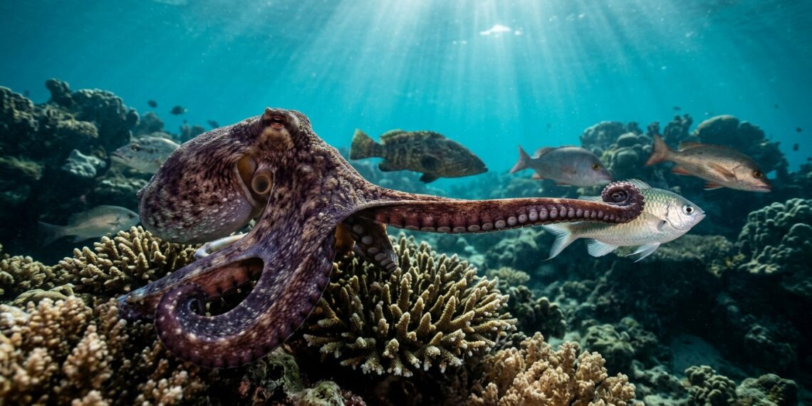 Polvo-diurno desferindo soco com o tentáculo em peixe próximo a corais tropicais