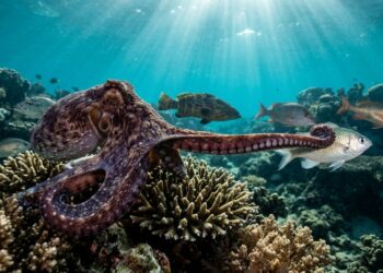Polvo-diurno desferindo soco com o tentáculo em peixe próximo a corais tropicais