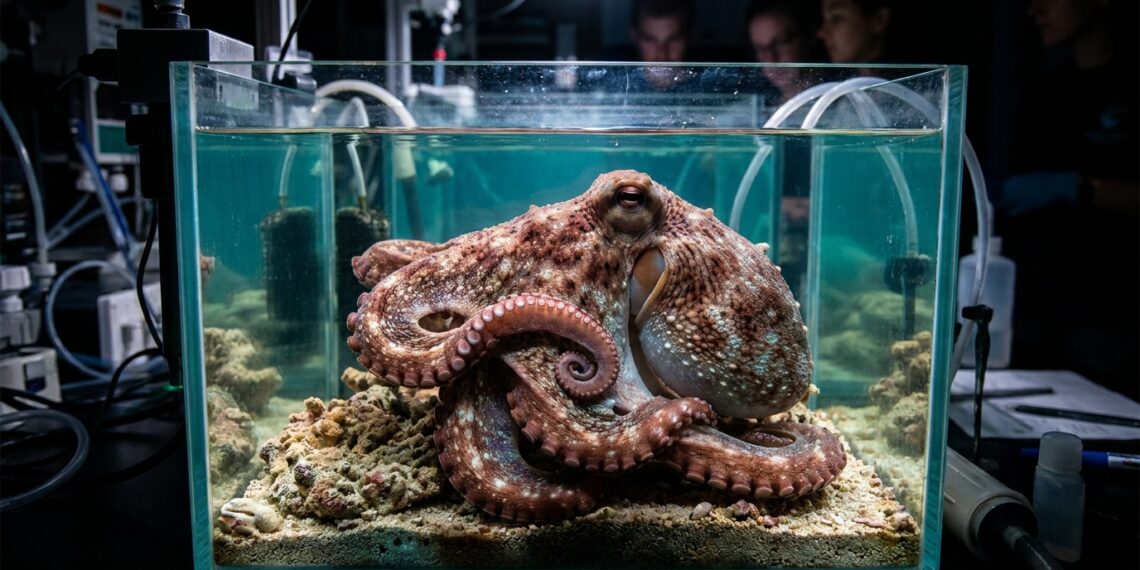 Polvo recolhendo e protegendo tentáculo ferido em aquário de pesquisa marinha