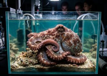 Polvo recolhendo e protegendo tentáculo ferido em aquário de pesquisa marinha