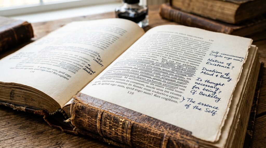 Página de livro filosófico com anotações grifadas nas margens, textura de papel e tinta visível