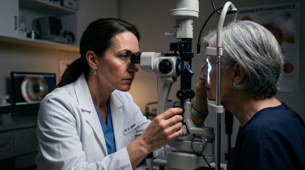 Médico oftalmologista ajustando lâmpada de fenda durante exame de rotina nos olhos de um paciente em consultório.