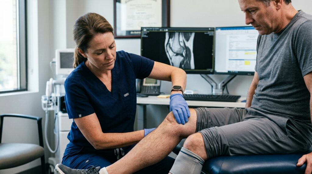 Médico ortopedista realizando palpação e teste de mobilidade no joelho de paciente em consultório clínico.