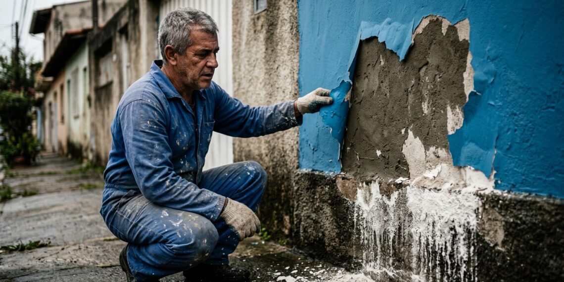 Pintor profissional inspecionando tinta acrílica descascando e massa esfarelada em parede externa de reboco novo