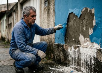 Pintor profissional inspecionando tinta acrílica descascando e massa esfarelada em parede externa de reboco novo