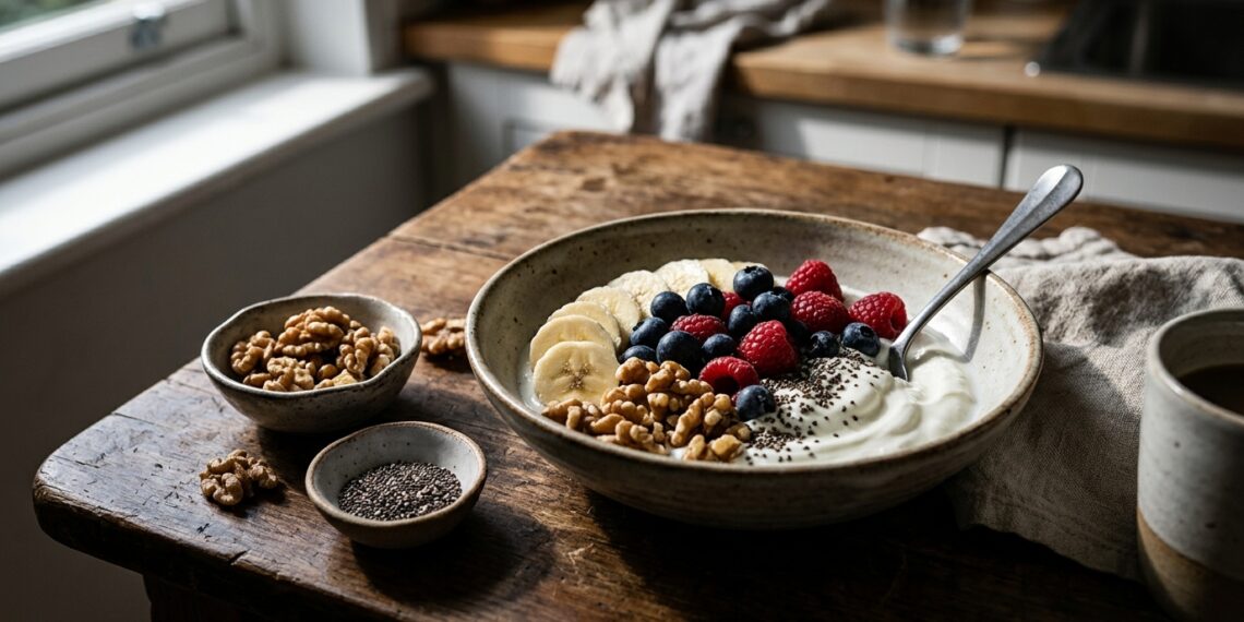 Porção de frutas frescas cortadas ao lado de potes com nozes, sementes de chia e iogurte sobre bancada de madeira.