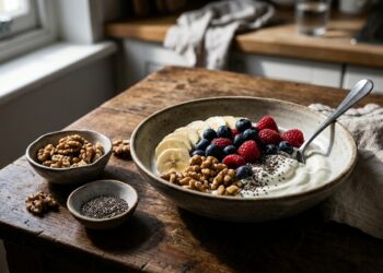 Porção de frutas frescas cortadas ao lado de potes com nozes, sementes de chia e iogurte sobre bancada de madeira.