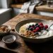 Porção de frutas frescas cortadas ao lado de potes com nozes, sementes de chia e iogurte sobre bancada de madeira.