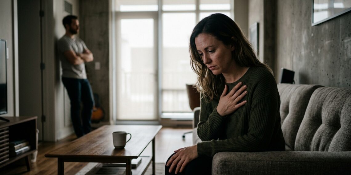 Pessoa com postura retraída e expressão de cansaço emocional sentada no sofá enquanto o parceiro permanece afastado ao fundo