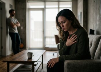 Pessoa com postura retraída e expressão de cansaço emocional sentada no sofá enquanto o parceiro permanece afastado ao fundo