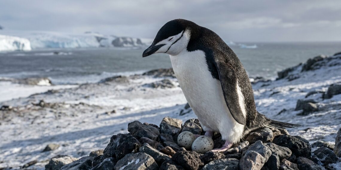 Pinguim-de-barbicha em pé sobre ninho de pedras na Ilha Rei George com os olhos semicerrados em micro-sono na Antártida