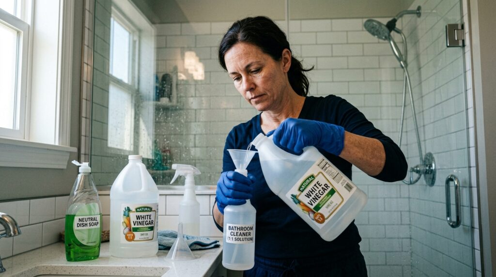 Pessoa com luvas de proteção preparando solução de vinagre branco e detergente neutro em borrifador sobre a bancada do banheiro.