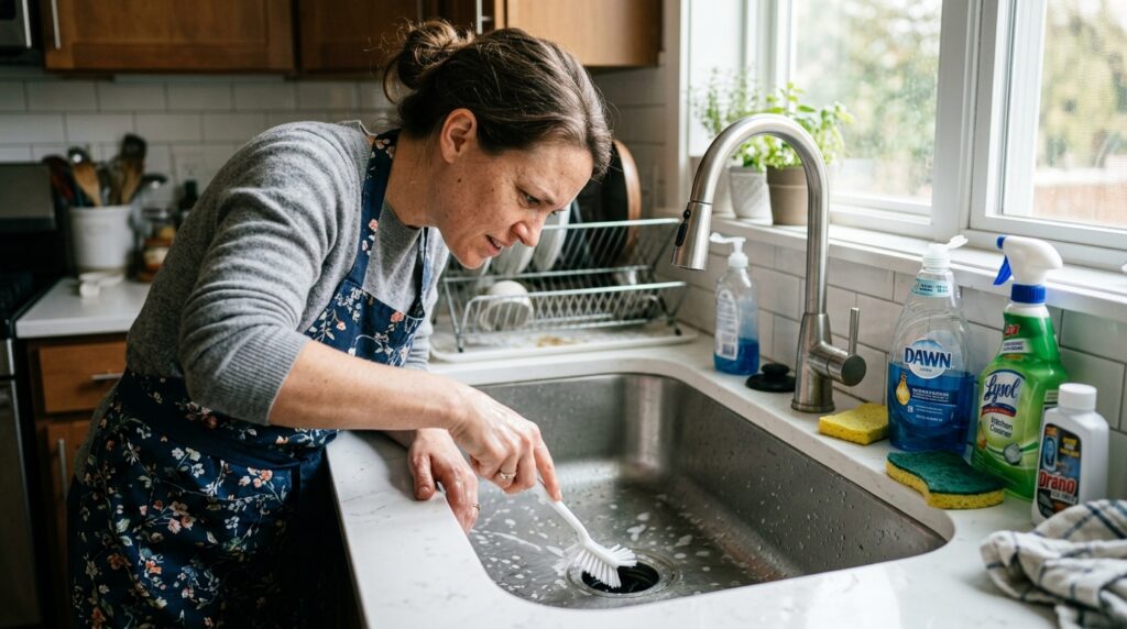 Person_cleaning_kitchen_sink_drain_202608171736-1024x572 A casa sempre fica com cheiro de comida mesmo depois de arejar: o motivo está no armário embaixo da pia, não na cozinha