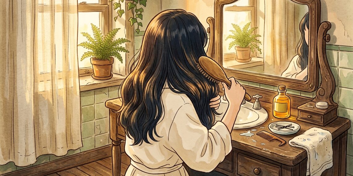 Ilustração de penteadeira aconchegante com frasco de óleo dourado e mechas de cabelo brilhantes